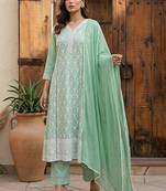 Pista green embroidered schiffly cotton blend anarkali