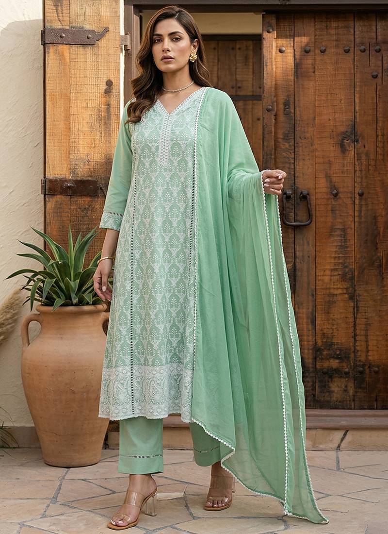 Pista green embroidered schiffly cotton blend anarkali