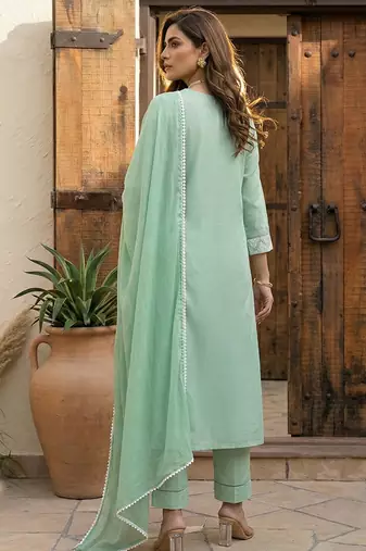 Pista green embroidered schiffly cotton blend anarkali