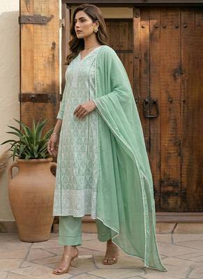 Pista green embroidered schiffly cotton blend anarkali 3