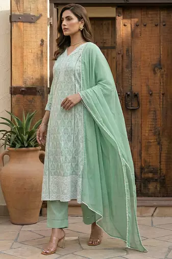 Pista green embroidered schiffly cotton blend anarkali
