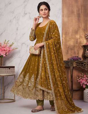 Gold colour embroidered georgette anarkali suit set with dupatta & pant 3