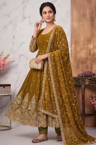 Gold colour embroidered georgette anarkali suit set with dupatta & pant