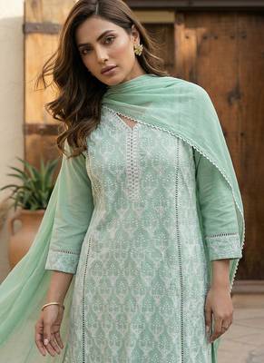 Pista green embroidered schiffly cotton blend anarkali 4