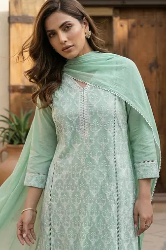 Pista green embroidered schiffly cotton blend anarkali