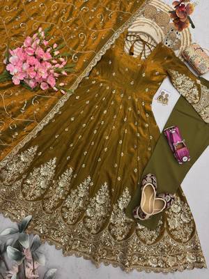 Gold colour embroidered georgette anarkali suit set with dupatta & pant 4