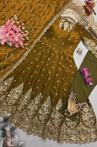 Gold colour embroidered georgette anarkali suit set with dupatta & pant