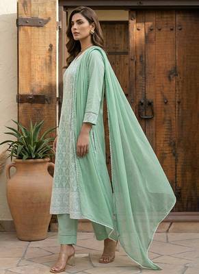 Pista green embroidered schiffly cotton blend anarkali 5