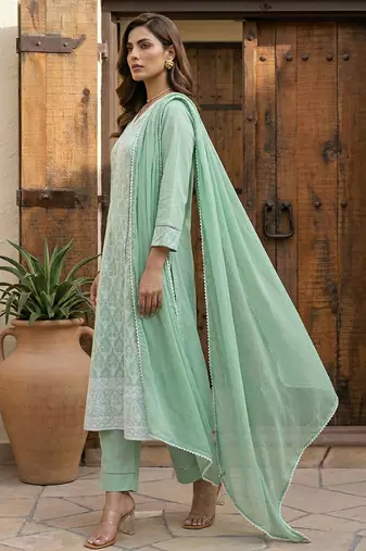 Pista green embroidered schiffly cotton blend anarkali