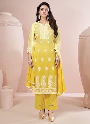 Yellow embroidered schiffly pure cotton straight 1