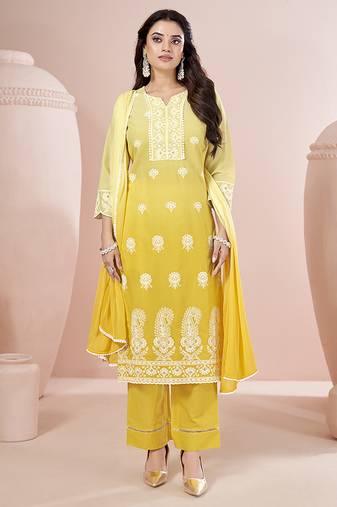 Yellow embroidered schiffly cotton straight