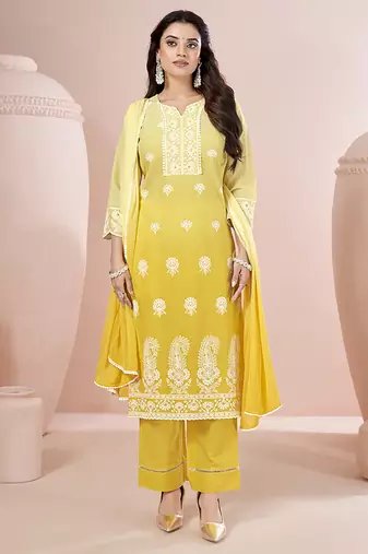 Yellow embroidered schiffly pure cotton straight