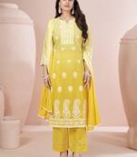 Yellow embroidered schiffly pure cotton straight