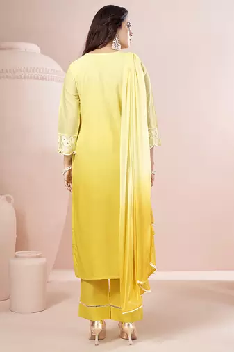 Yellow embroidered schiffly pure cotton straight