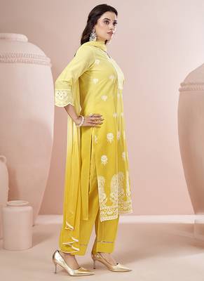 Yellow embroidered schiffly pure cotton straight 3