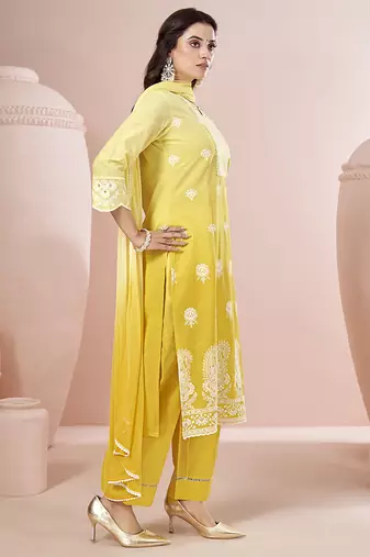 Yellow embroidered schiffly pure cotton straight