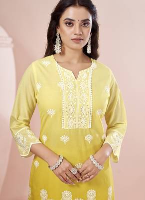 Yellow embroidered schiffly pure cotton straight 4