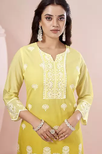 Yellow embroidered schiffly pure cotton straight