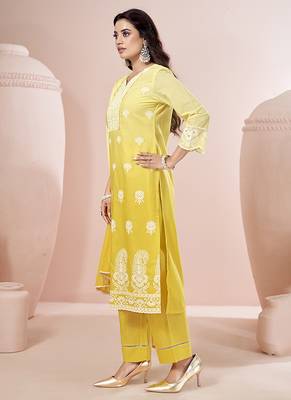 Yellow embroidered schiffly pure cotton straight 5