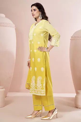 Yellow embroidered schiffly pure cotton straight