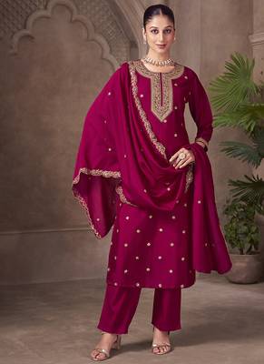 Magenta embroidered vichitra silk straight 1