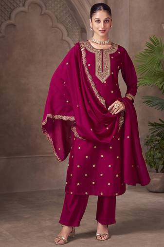 Magenta embroidered vichitra silk straight
