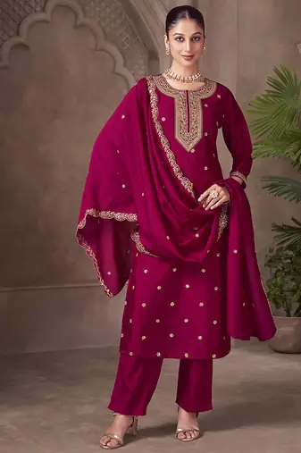 Magenta embroidered vichitra silk straight