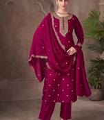 Magenta embroidered vichitra silk straight