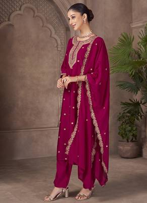 Magenta embroidered vichitra silk straight 2