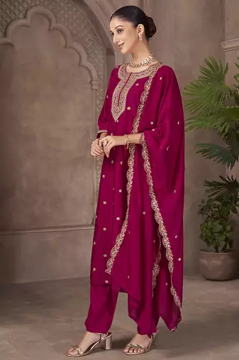 Magenta embroidered vichitra silk straight