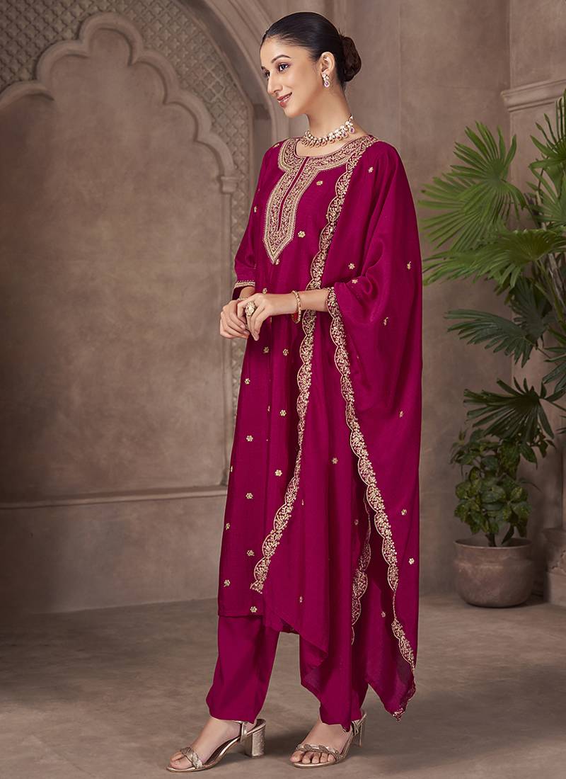 Magenta embroidered vichitra silk straight