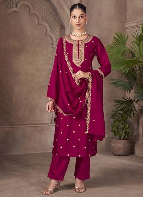 Magenta embroidered vichitra silk straight 3