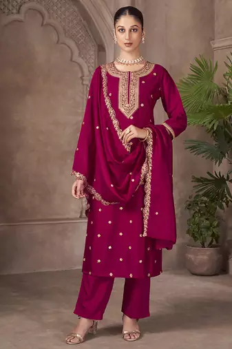 Magenta embroidered vichitra silk straight