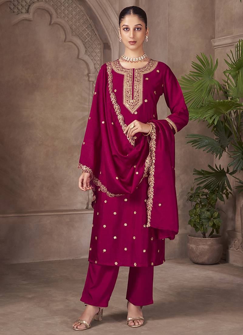Magenta embroidered vichitra silk straight