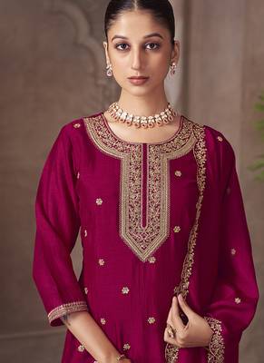 Magenta embroidered vichitra silk straight 4
