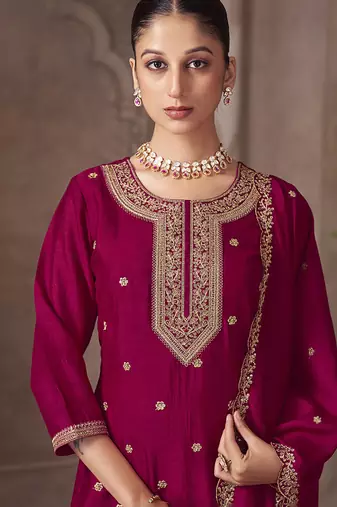 Magenta embroidered vichitra silk straight