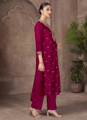 Magenta embroidered vichitra silk straight 5