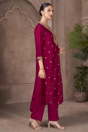 Magenta embroidered vichitra silk straight