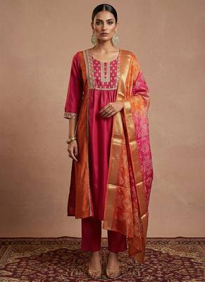 Pink & orange embroidered chinnon anarkali 1
