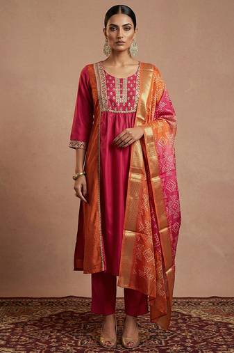 Pink & orange embroidered chinnon anarkali