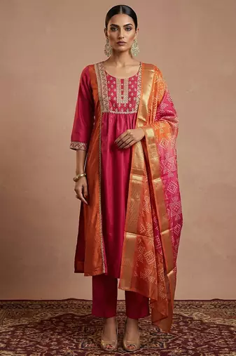 Pink & orange embroidered chinnon anarkali