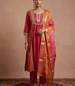 Pink & orange embroidered chinnon anarkali