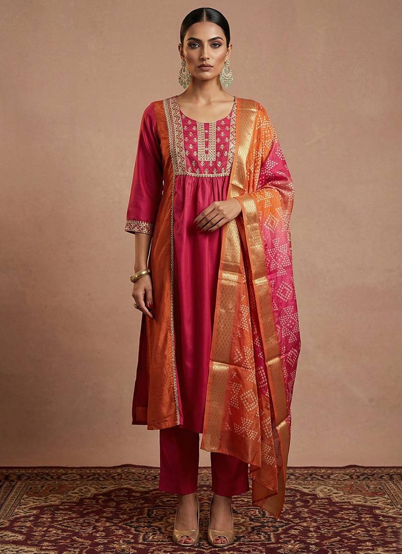 Pink & orange embroidered chinnon anarkali