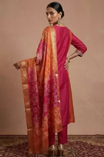 Pink & orange embroidered chinnon anarkali