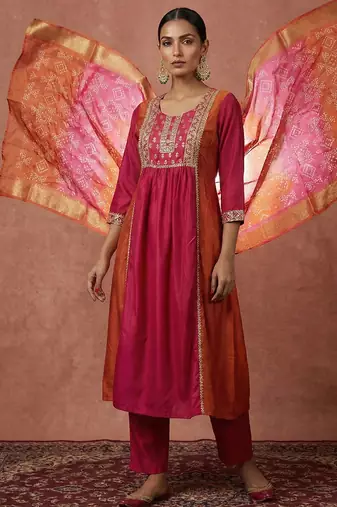 Pink & orange embroidered chinnon anarkali