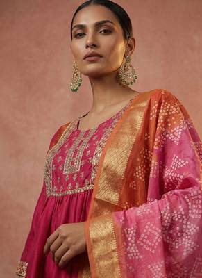Pink & orange embroidered chinnon anarkali 4
