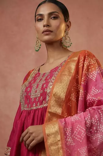 Pink & orange embroidered chinnon anarkali