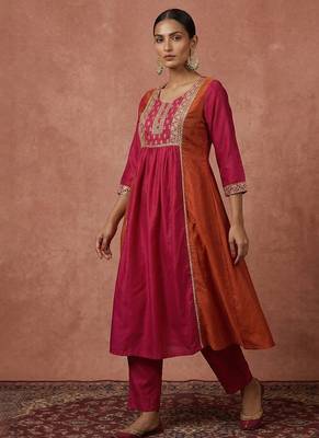 Pink & orange embroidered chinnon anarkali 5