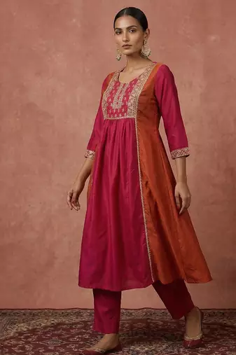 Pink & orange embroidered chinnon anarkali