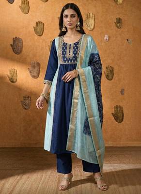 Navy blue embroidered chinnon anarkali 1
